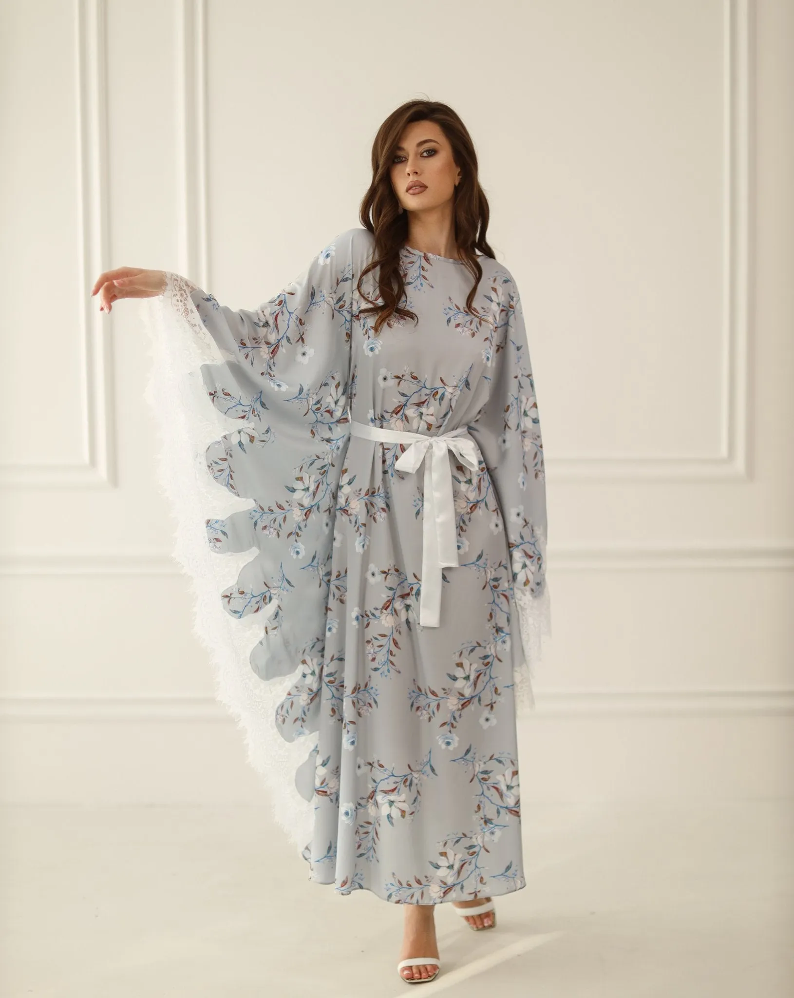 Gray Print Kaftan with Lace