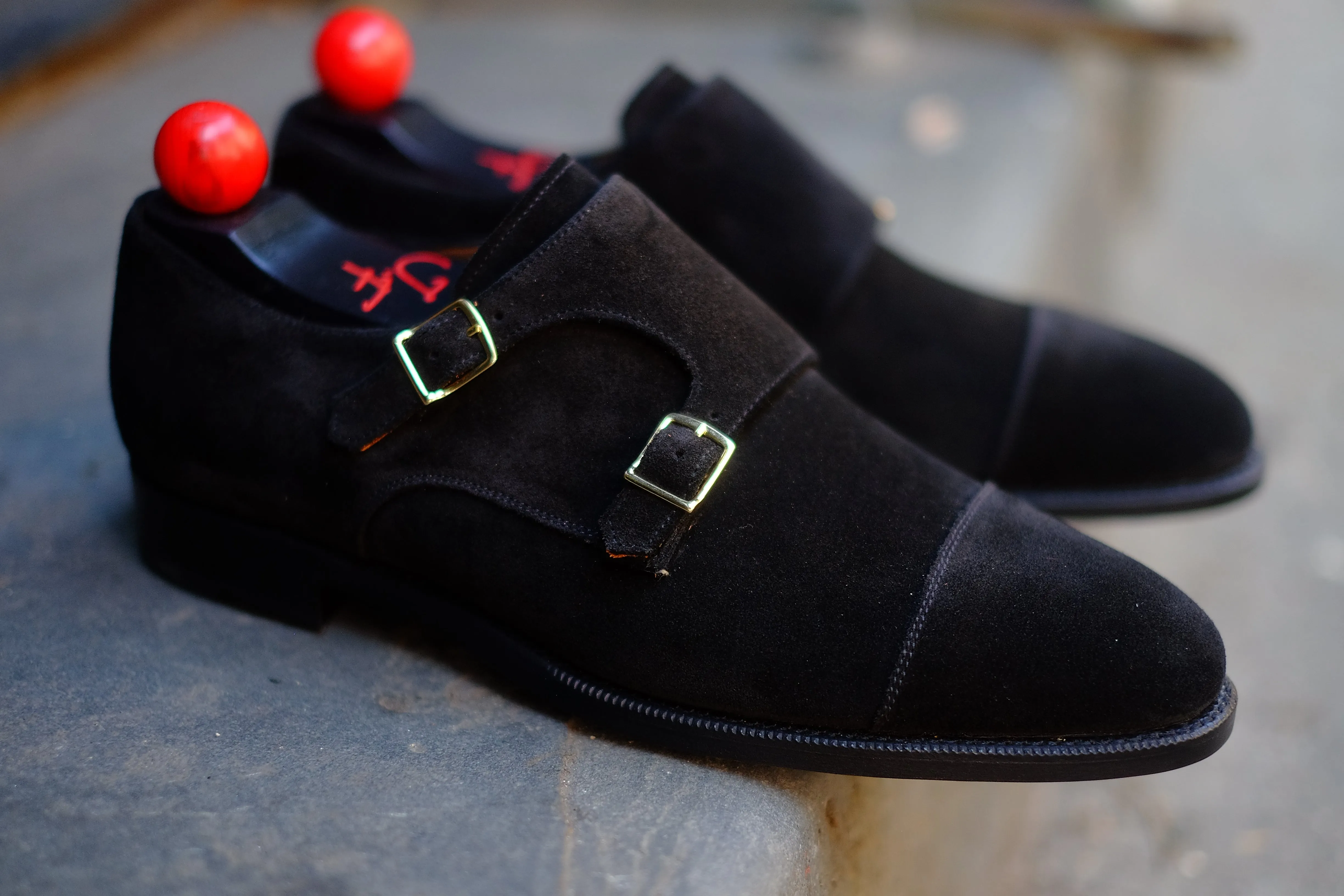 Kent - MTO - Black Suede - TMG Last - Single Leather Sole - Square Gold Buckles