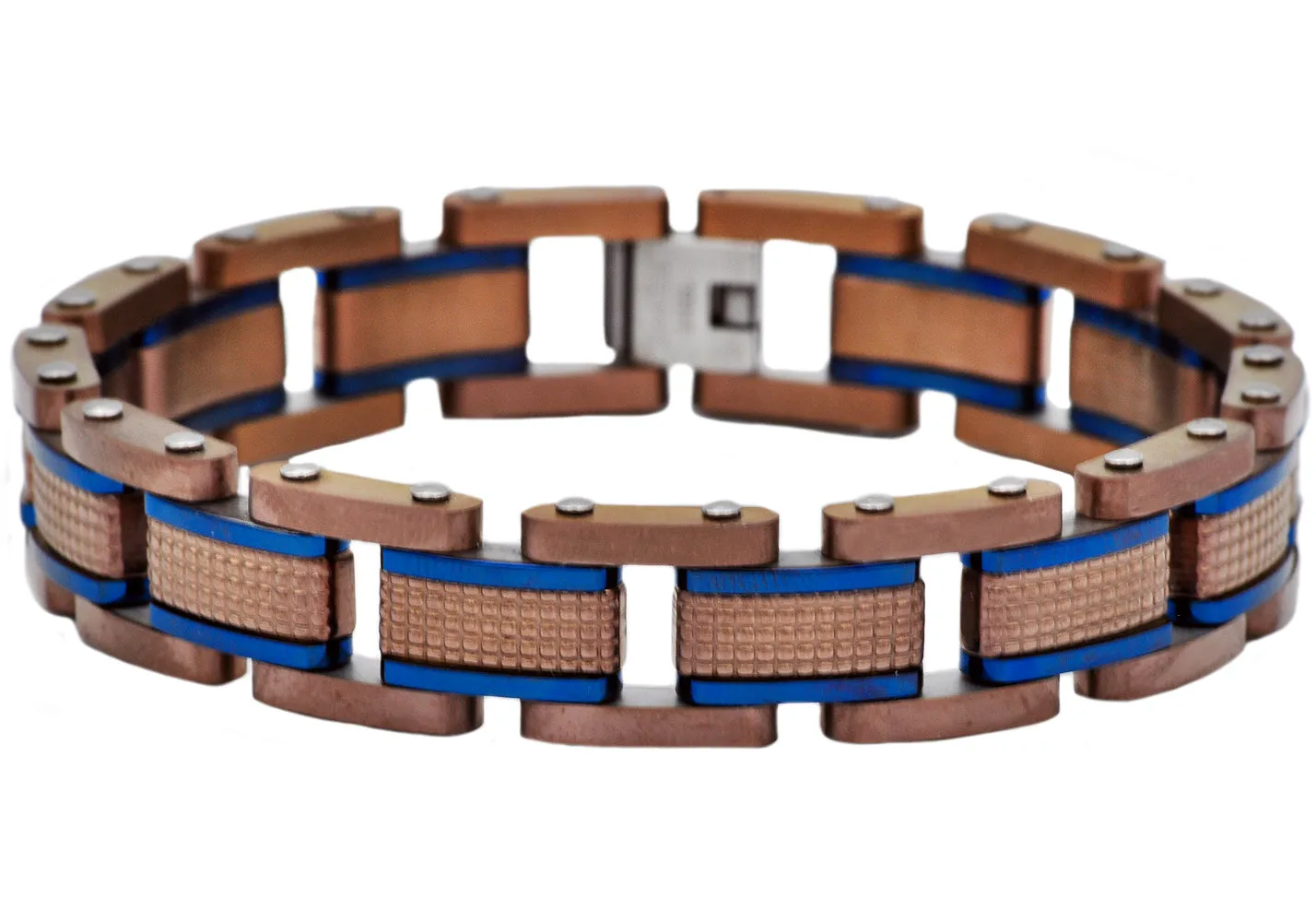 Mens Chocolate Textured Stainless Steel Bracelet With Blue Plated Lines