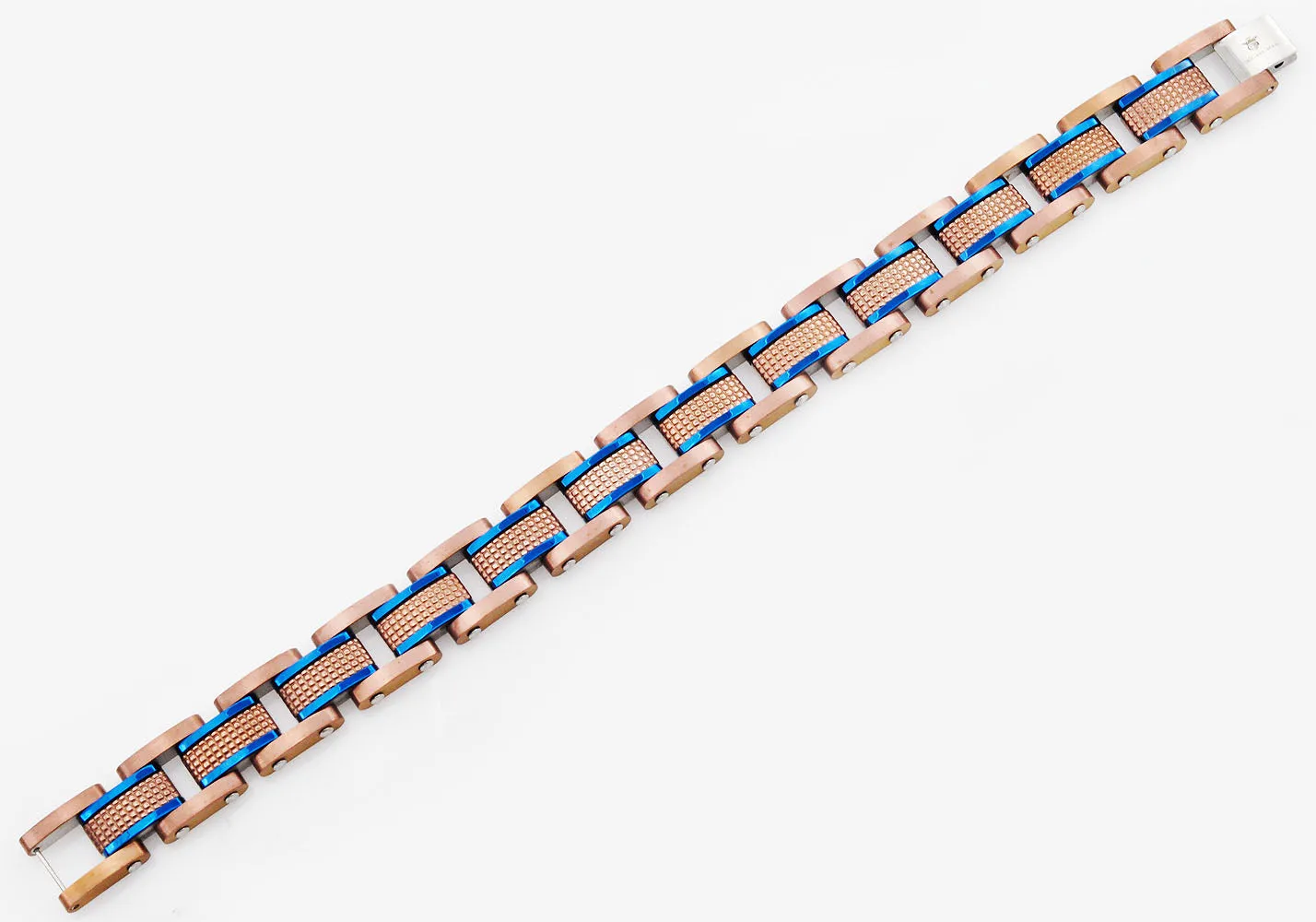 Mens Chocolate Textured Stainless Steel Bracelet With Blue Plated Lines