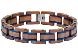 Mens Chocolate Textured Stainless Steel Bracelet With Blue Plated Lines