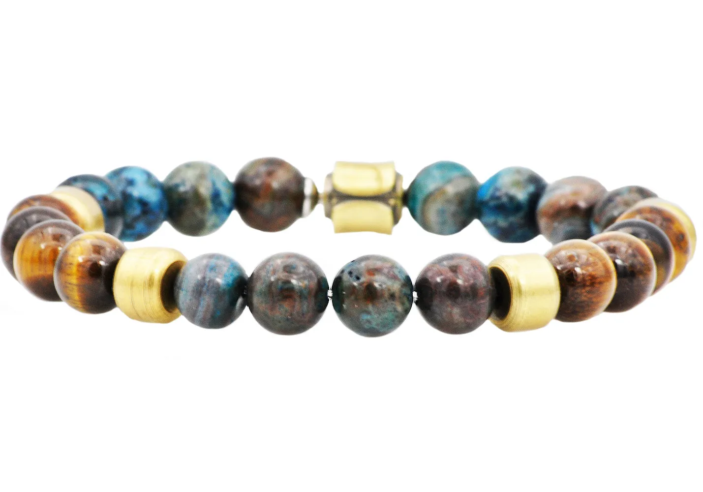 Mens Genuine Blue Crazy Lace And Tiger Eye Gold Stainless Steel Beaded Bracelet