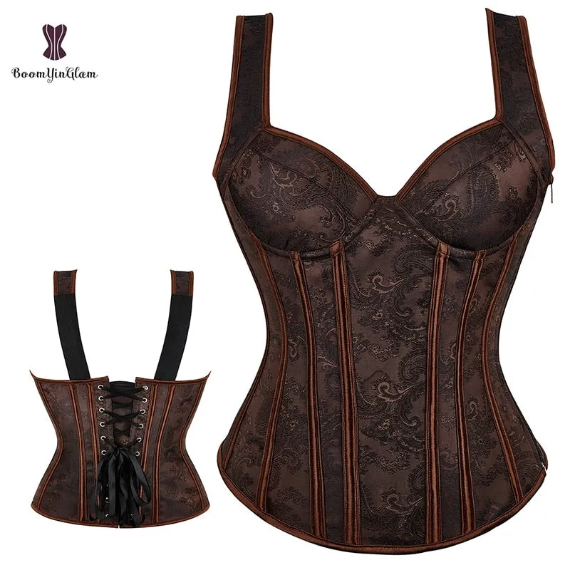 Plus Size Korset Women Brown Steam Punk Style Strap Corset Bustier With Side Zip Body Shapewear Suit