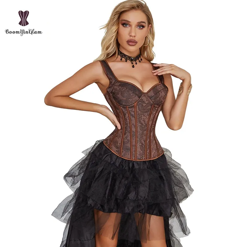 Plus Size Korset Women Brown Steam Punk Style Strap Corset Bustier With Side Zip Body Shapewear Suit