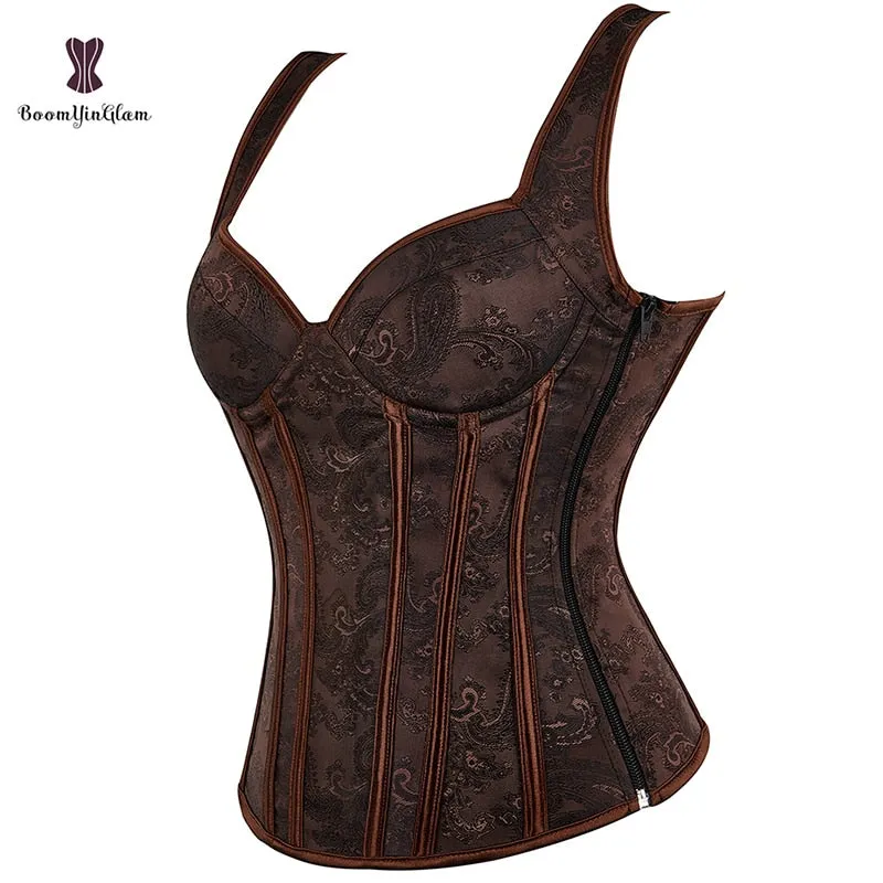 Plus Size Korset Women Brown Steam Punk Style Strap Corset Bustier With Side Zip Body Shapewear Suit