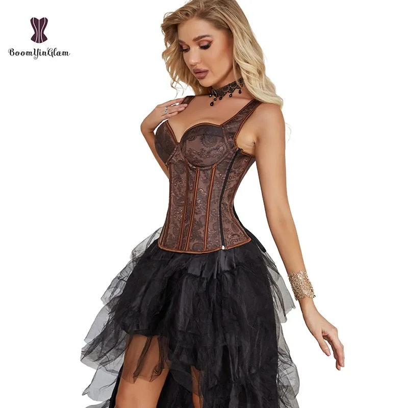 Plus Size Korset Women Brown Steam Punk Style Strap Corset Bustier With Side Zip Body Shapewear Suit