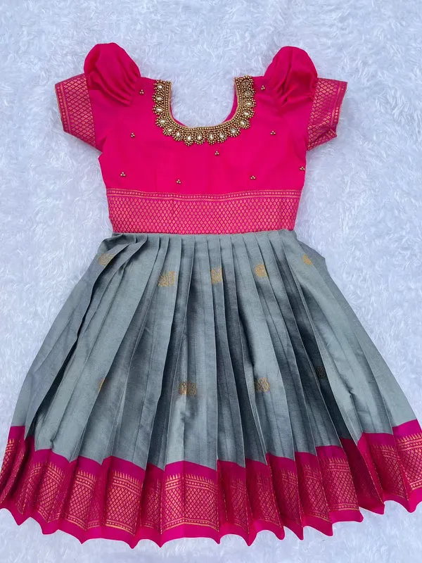 PRE ORDER : Gray Bottom and Pink Top Frock: Exquisite Aari Detailing