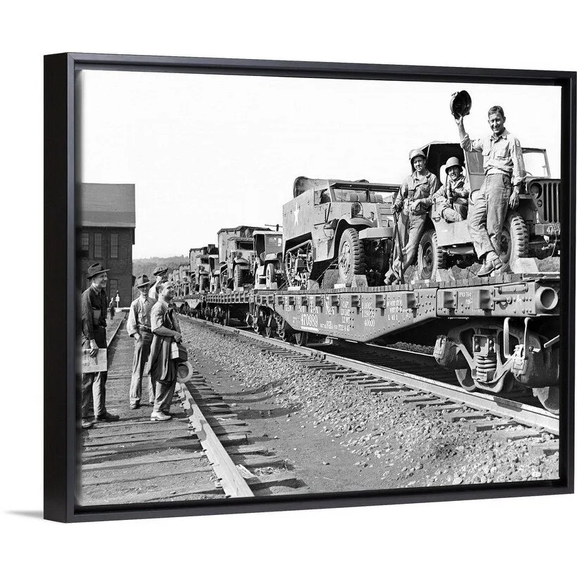 "1940's World War II Freight Train Of Jeeps And Half Tracks" Black Float Frame Canvas Art