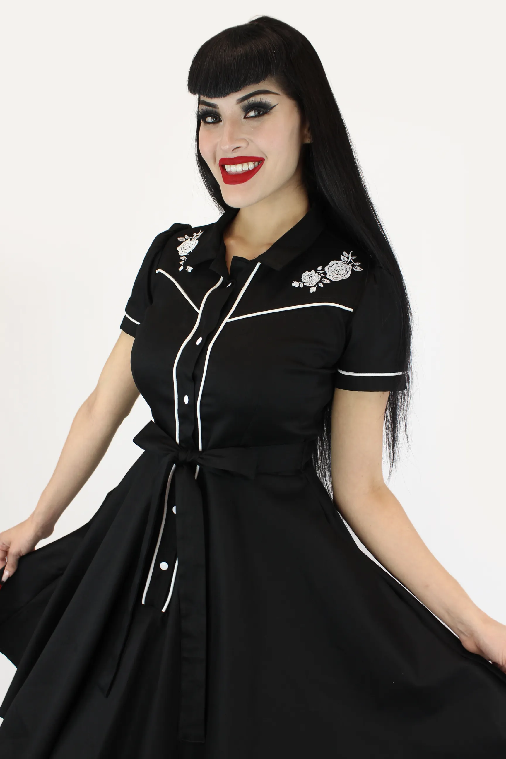 Rose Embroidered Black Vintage Rockabilly Western Country Women Dress