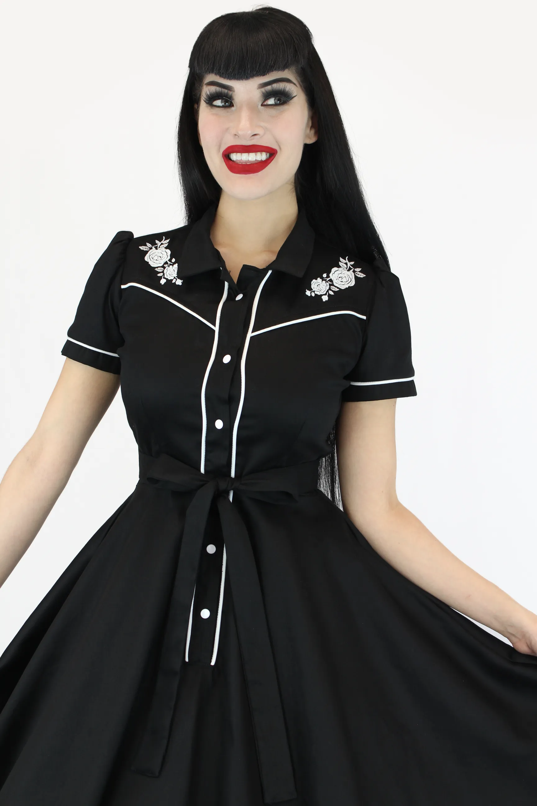 Rose Embroidered Black Vintage Rockabilly Western Country Women Dress