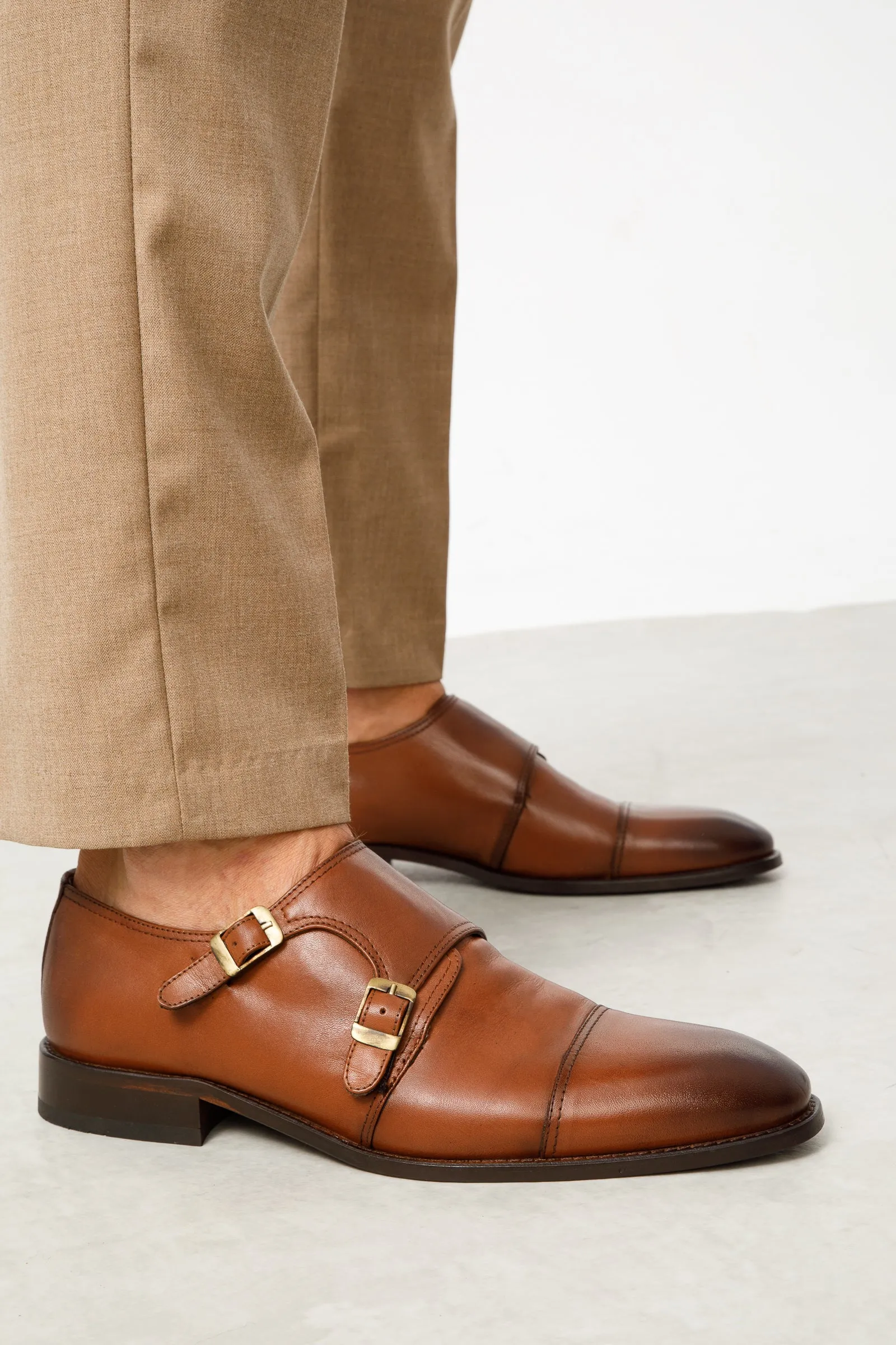 The Essen Brown Cap Toe Double Monk Strap Men Shoe