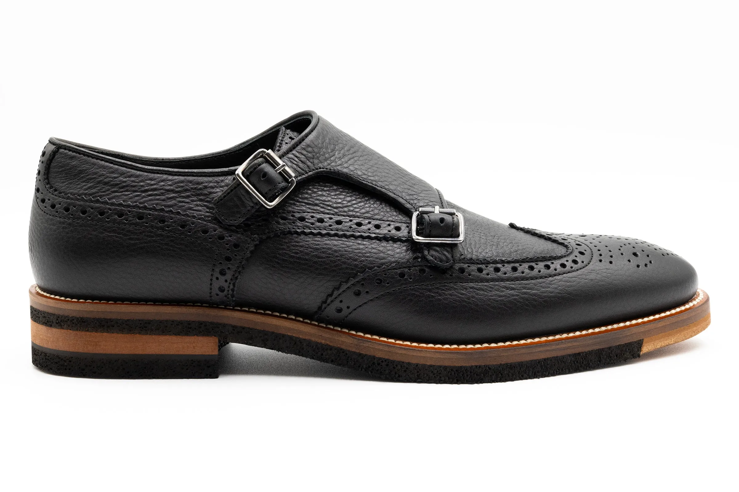 Tuscan Pebble Grain Calf Leather Double Monk - Black