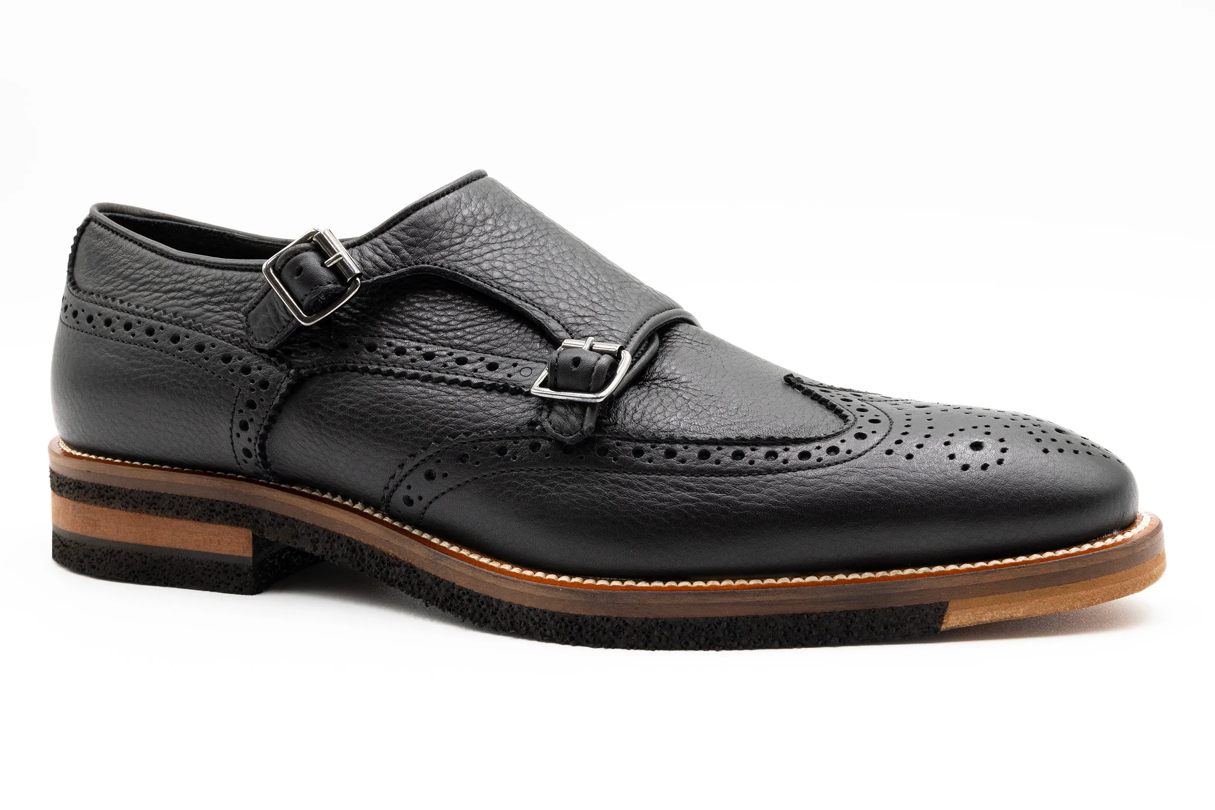 Tuscan Pebble Grain Calf Leather Double Monk - Black