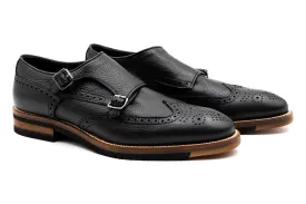 Tuscan Pebble Grain Calf Leather Double Monk - Black