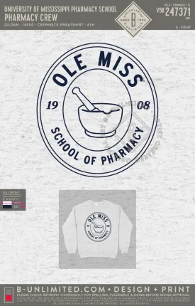 University of Mississippi Pharmacy School - Pharmacy Crew - Gildan - 18000 - Crewneck Sweatshirt - Ash Grey