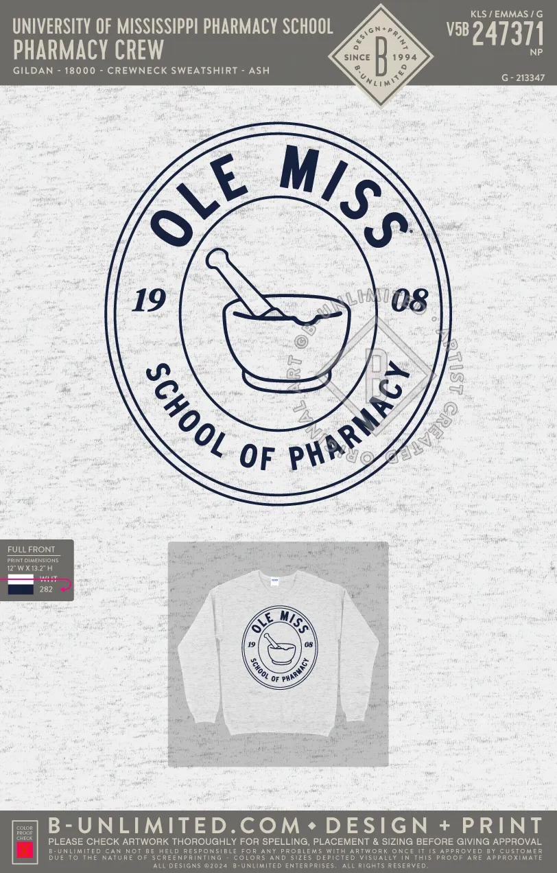 University of Mississippi Pharmacy School - Pharmacy Crew - Gildan - 18000 - Crewneck Sweatshirt - Ash Grey